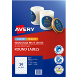 AVERY 910007 L7129 REMOVABLE BLANK LABELS ROUND LASERINKJET 24UP MATTE 40MM WHITE PACK 192