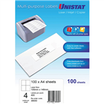 UNISTAT 38930 MULTIPURPOSE LABEL 4UP 105 X 148MM WHITE PACK 100