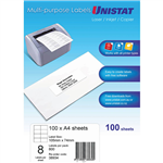 UNISTAT 38934 MULTIPURPOSE LABEL 8UP 105 X 74MM WHITE PACK 100