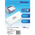 UNISTAT 38936 MULTIPURPOSE LABEL 20UP 98 X 254MM WHITE PACK 100