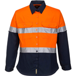 PRIME MOVER ML108 LADIES COTTON DRILL SHIRT 2TONE LONG SLEEVE REFLECTIVE TAPE ORANGE NAVY 18