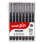 UNIBALL 200 PIN FINELINER PEN ASSORTED TIPS BLACK PACK 8